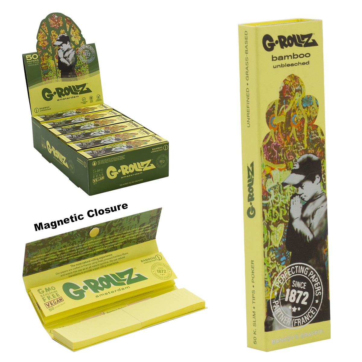 G-Rollz -  "Banksy`s Graffiti 'Praying Boy'" Bamboo KS Slim Papers + Tips - BG31G-DIS