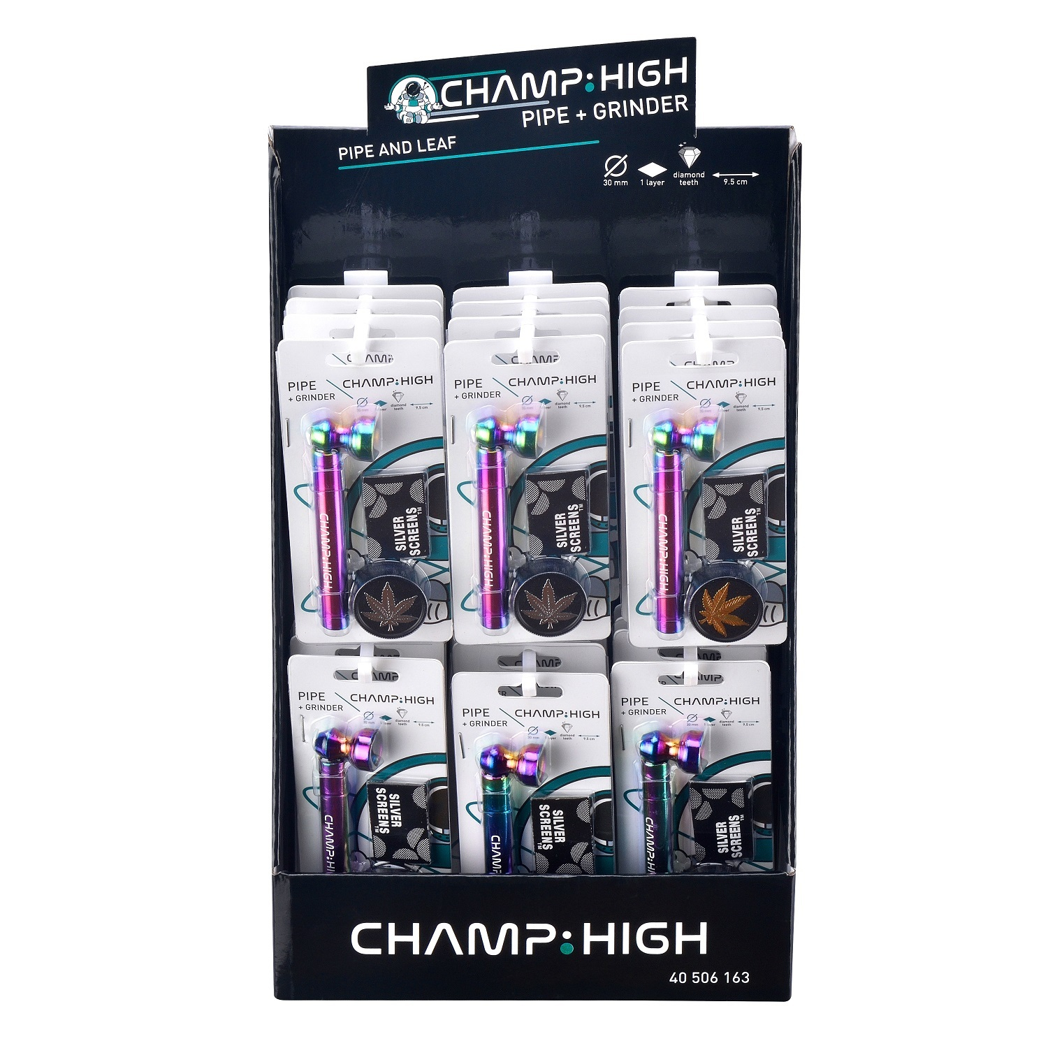 Champ High - Rainbow Glass Pipe & Grinder Display