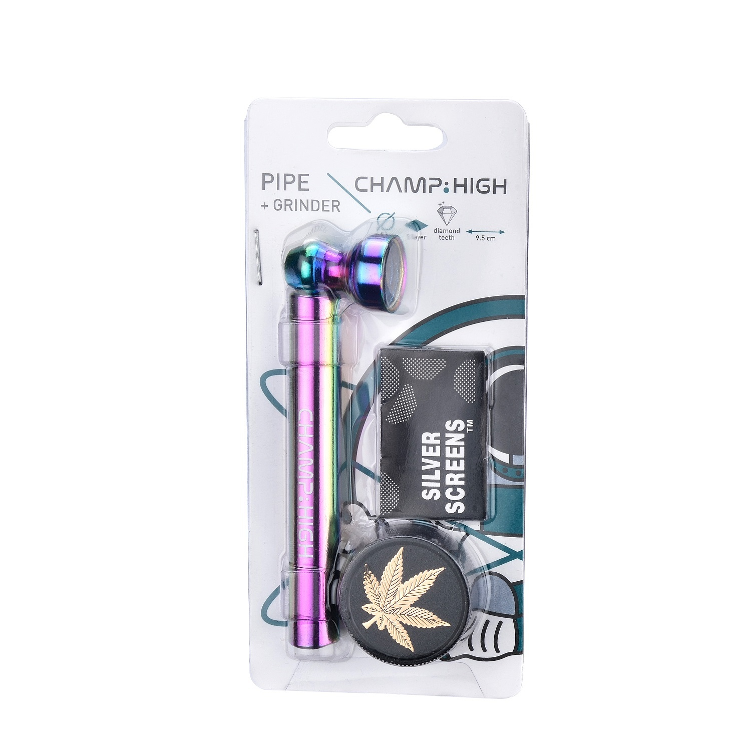 Champ High - Rainbow Glass Pipe & Grinder Display