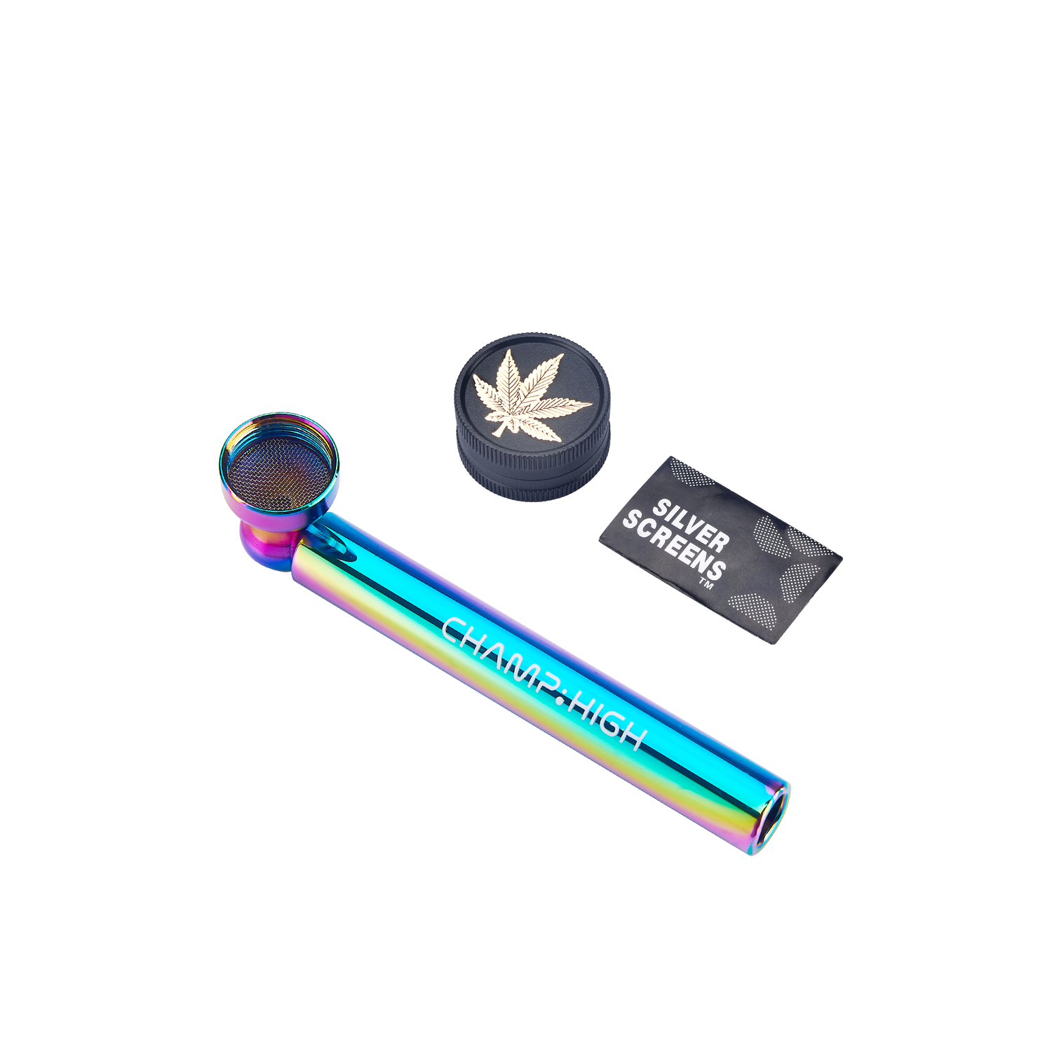 Champ High - Rainbow Glass Pipe & Grinder Display